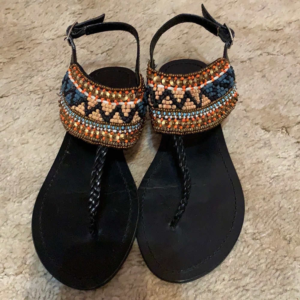 Aztec Beaded Black Sandals